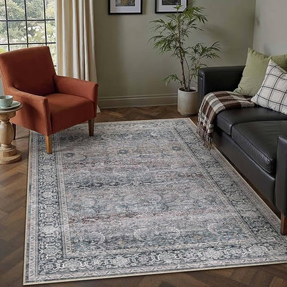 HUGEAR 3x5 Area Rug Purple Washable Vintage Neutral Distressed Carpet Soft Non Slip Low Pile Pet Friendly for Bathroom Kitchen Bedside Entryway Hallway Porch
