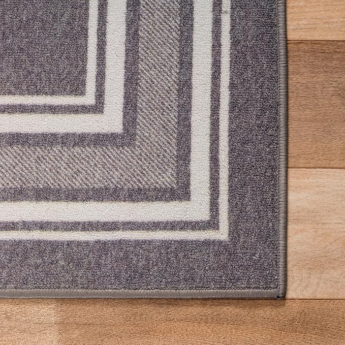 Beverly Rug Non Slip Area Rugs 2x7 Modern Bordered Non Skid Rubber Backing Soft Runner Rug for Living Dining Room Easy to Clean Non Shedding Kitchen Bedroom Indoor Carpet 2 x 7 Gray