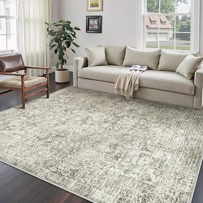 8x10 Area Rug Washable Vintage Neutral Living Room Carpet Large Indoor Non Slip Taupe Bedroom Distressed Low Pile Retro Accent Throw Rug for Dining Room