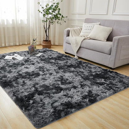 Andency 6x9 Area Rugs, Large Shag Fluffy Soft Shaggy Rugs for Living Room Bedroom, Non-Slip Tie-Dyed Dark Grey Thick Plush Carpet for Kids Girls and Boys, Dorm Nursery Home Decor Aesthetic