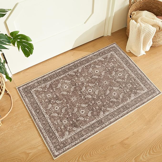 WITSHOCK Washable 2x3 Entryway Area Rug: Soft Non-Slip Backing Washable Rugs Vintage Flower Boho Accent Small Rugs for Bedroom, Kitchen, Bathroom, Nursery Entrance,Dark Brown
