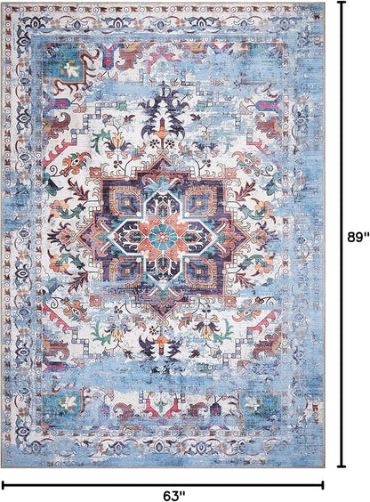 GLN Rugs Traditional Collection - Machine Washable Area Rug, Traditional Washable, Non Slip, Low Pile Chenille Rug, Living Room, Bedroom, Kitchen Rug (5' x 7' Blue/Multicolor)