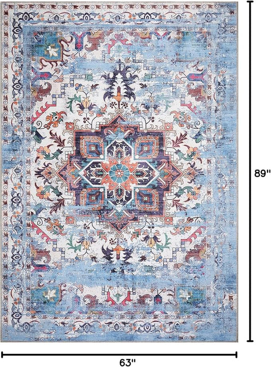 GLN Rugs Traditional Collection - Machine Washable Area Rug, Traditional Washable, Non Slip, Low Pile Chenille Rug, Living Room, Bedroom, Kitchen Rug (5' x 7' Blue/Multicolor)