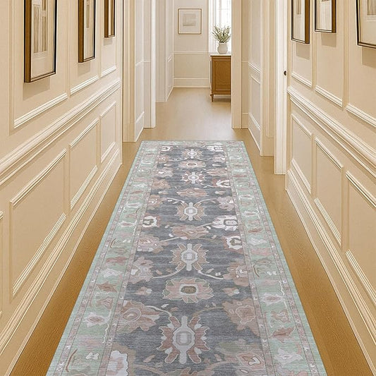 Fame Living Green Oushak Runner Rug, Modern Runners, Vintage, Turkish, Eclectic, Floral, Pastel, Washable, Runner for Hallway, Kitchen, Bedroom, Bathroom, 2'5"x9'8"