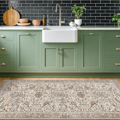 Vintage Floral Bedside Rug for Bedroom, 2x6 Washable Runner Rugs for Kitchen, Entryway, Hallway, Non Slip Moss Bathroom Carpet, Traditional Home Décor with Bird Pattern (Moss)