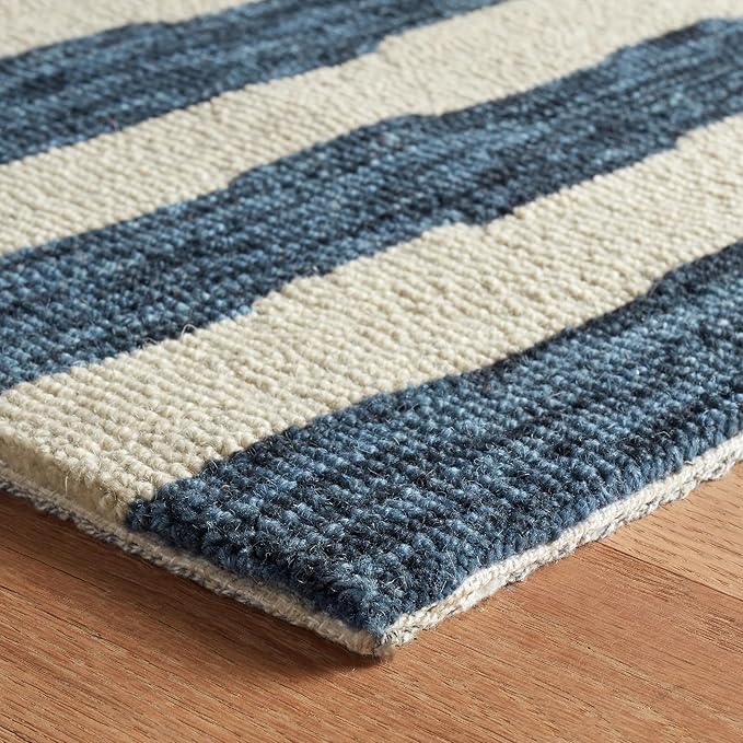 Dash & Albert Silas Stripe Navy Hand Micro Hooked Wool Rug, 9.5 X 13.5 Feet, Blue Stripe Pattern - Premium Luxury Hotel Quality Soft Breathable Hypoallergenic Machine Washable Easy Care All Season