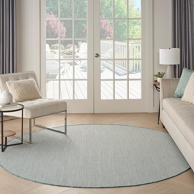 Nourison Home Courtyard Ivory Aqua 8' x Round Area Rug - Easy Clean, Non Shedding, Bed Room, Living Room, Dining Room, Kitchen (8' x Round)