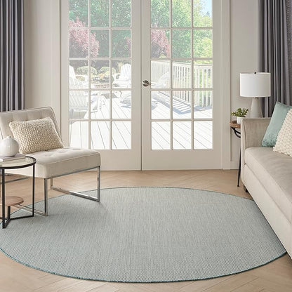 Nourison Home Courtyard Ivory Aqua 8' x Round Area Rug - Easy Clean, Non Shedding, Bed Room, Living Room, Dining Room, Kitchen (8' x Round)