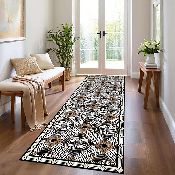 Classic Geometric Runner Rug, 2x10ft, Greek Key Print Runners Rugs, Vintage Moroccan Checkered Carpet, Cozy Short Pile No Crease Farmhouse Rugs for Living Room Laundry