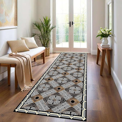 Classic Geometric Runner Rug, 2.6x10ft, Greek Key Print Runners Rugs, Vintage Moroccan Checkered Carpet, Cozy Short Pile No Crease Farmhouse Rugs for Living Room Laundry