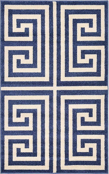 Unique Loom Athens Collection Classic Geometric Modern Border Design Area Rug (3' 3 x 5' 3 Rectangular, Navy Blue/ Beige)