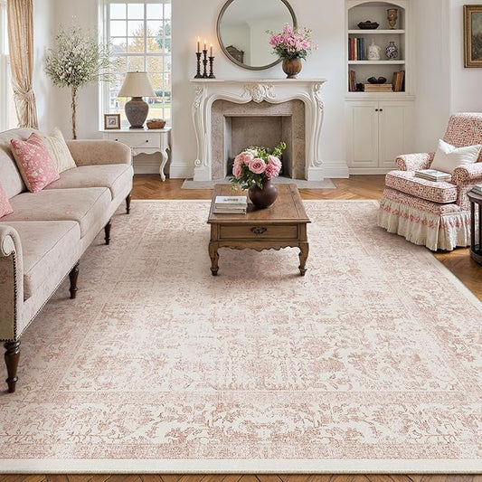 Pink Area Rug 9x12 Machine Washable Large Vintage Living Room Distressed Non Slip Carpet Traditional Indoor Bedroom Retro Floral Accent Throw Rug for Office Kitchen Dining Room