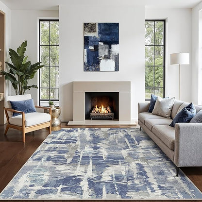 Washable Rug 8x10 Area Rug for Living Room Bedroom, Large Modern Abstract Rug Indoor Floor Carpets Low Pile No Shed Non-Slip with Rubber Backing Dining Room Kitchen Office (Blue, 8'x10')