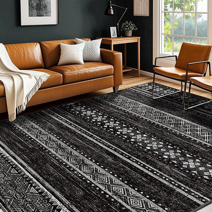 BESTSWEETIE 9x12 Area Rugs for Living Room Washable Moroccan Farmhouse Neutral Geometric Low Pile Non-Slip Soft Print Pattern Rug for Bedroom Kitchen Dining Room Entryway Black/White