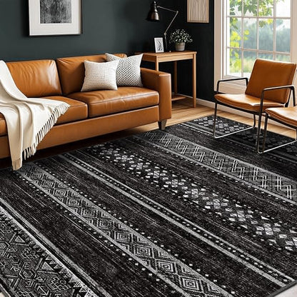 BESTSWEETIE 5x7 Area Rugs for Living Room Washable Moroccan Farmhouse Neutral Geometric Low Pile Non-Slip Soft Print Pattern Rug for Bedroom Kitchen Dining Room Entryway Black/White