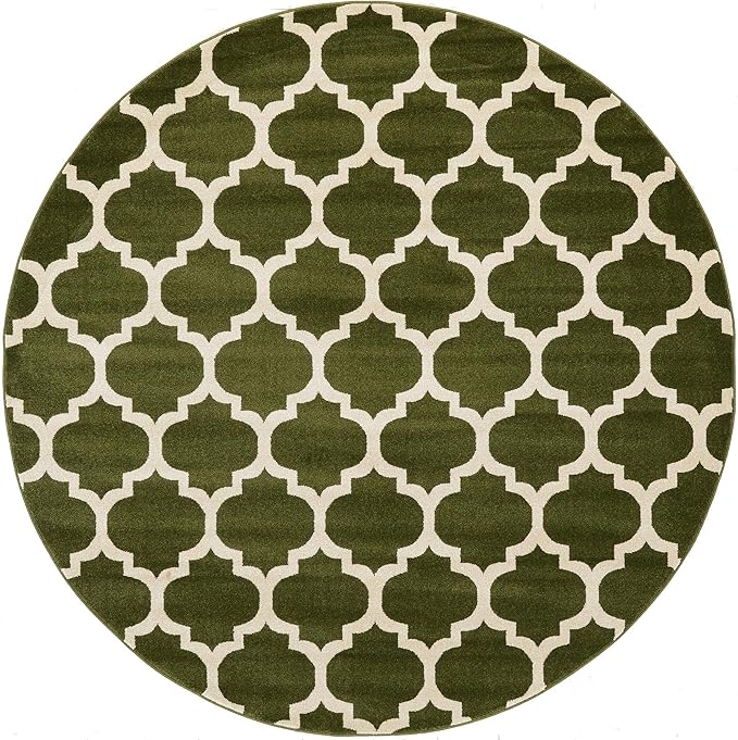 Rugs.com Lattice Collection Rug – 8 Ft Round Dark Green Medium Rug Perfect for Kitchens, Dining Rooms