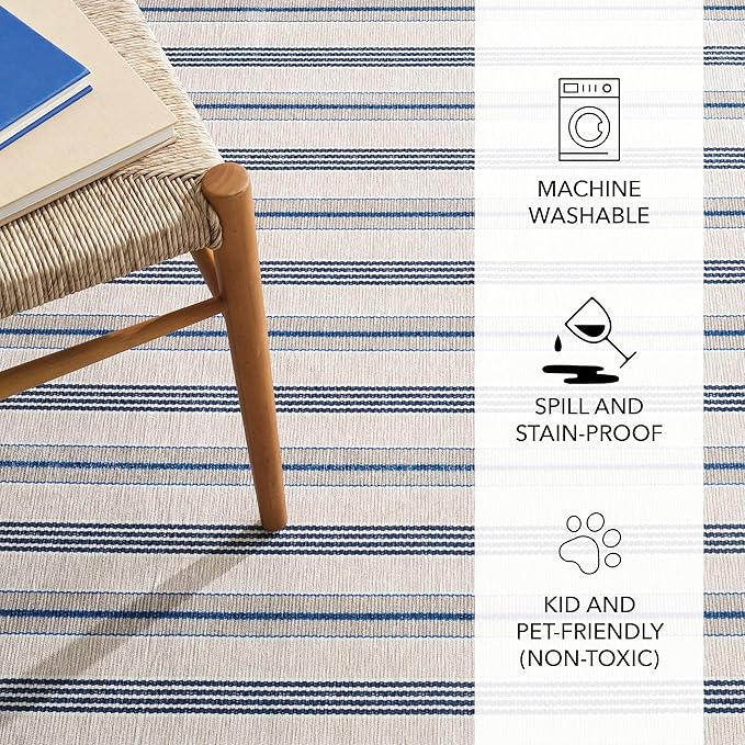 Dash and Albert Nimes Ticking Machine Washable Area Rug - 3' x 5' Neutral Stripe Washable Accent Rug - Durable, High Traffic Areas Kitchen, Mudroom, Hallways