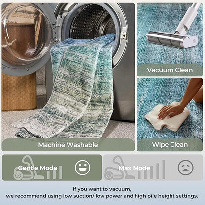 Kokia Abstract Area Rugs 9x12 Bedroom Washable Decor Low Pile Non-Slip Non-Shedding Indoor Blue Carpet Foldable Stain Resistant Floor Living Room Dining Room, Oslo Teal