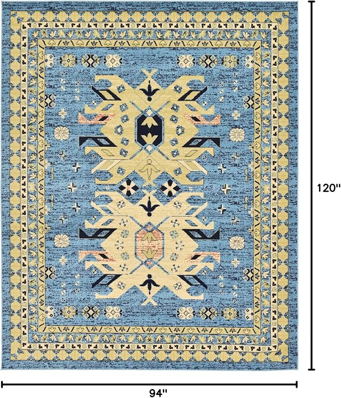 Unique Loom Taftan Collection Border Geometric Tribal Inspired Design Area Rug (8' 0 x 10' 0 Rectangular, Light Blue/ Gold)