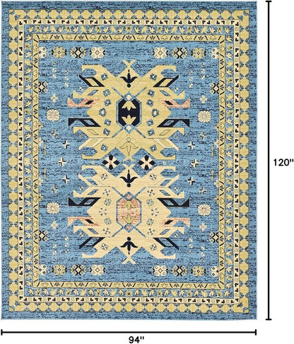 Unique Loom Taftan Collection Border Geometric Tribal Inspired Design Area Rug (8' 0 x 10' 0 Rectangular, Light Blue/ Gold)