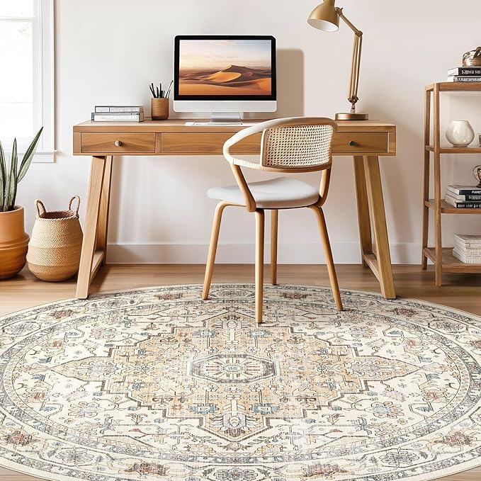 Round Rug Living Room Rugs: 10x10 Washable Boho Neutral Large Circle Soft Indoor Floral Stain Resistant Floor Farmhouse Carpet for Bedroom Nursery Kids Playroom Office Dining Room- Cream Blue