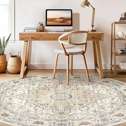 Round Rug Living Room Rugs: 10x10 Washable Boho Neutral Large Circle Soft Indoor Floral Stain Resistant Floor Farmhouse Carpet for Bedroom Nursery Kids Playroom Office Dining Room- Cream Blue