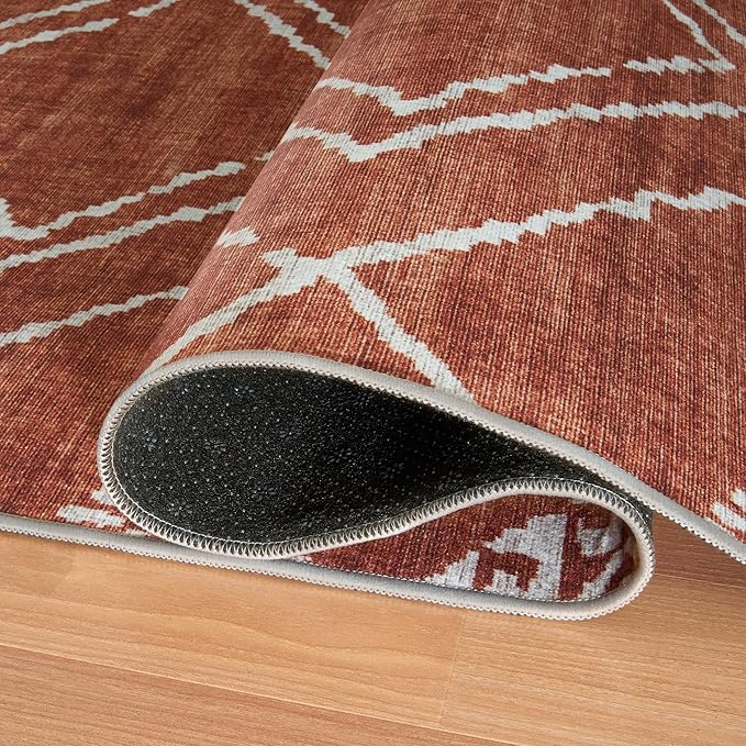 ReaLife Rugs Machine Washable Area Rug - Living Room Bedroom Bathroom Kitchen Entryway Office - Padded Low Pile Stain Resistant Premium - Moroccan Diamond Tribal - Jax - Orange 4' x 6'