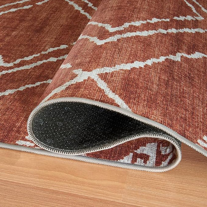 ReaLife Rugs Machine Washable Area Rug - Living Room Bedroom Bathroom Kitchen Entryway Office - Padded Low Pile Stain Resistant Premium - Moroccan Diamond Tribal - Jax - Orange 4' x 6'