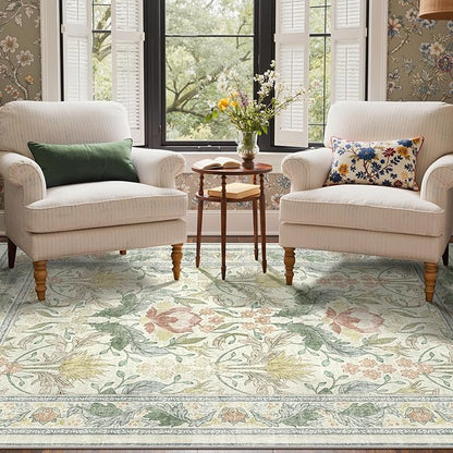 Bavni 5x7 Area Rugs for Living Room, Microfiber Machine Washable Non-Slip Vintage Floral Rug, Low Pile Lightweight Carpet for Bedroom, Dining Room, Home Office, Beige&Green