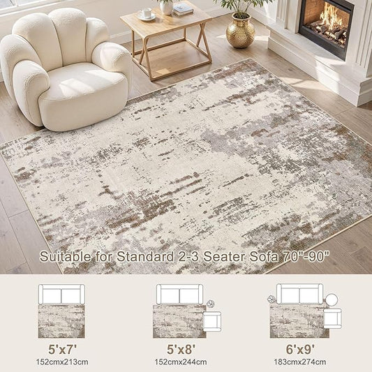 5x7 Area Rug Living Room Rugs - Washable Neutral Modern Abstract Soft Thin Rug Indoor Floor No Slip Rug Carpet for Bedroom Under Dining Table Home Office Decor - Brown/Grey/Beige