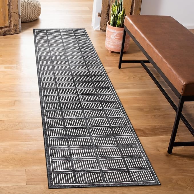 Rugshop Bohemian Stripe Lines Washable Non Slip Runner Rug 2' x 8' Black