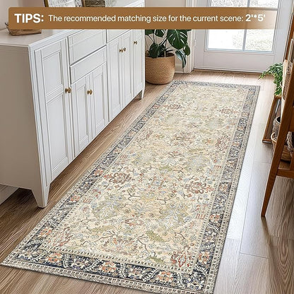 Bavni Runner Rug Non Slip for Bathroom Kitchen Hallway 2x5 Washable Runner Boho Bedsied Rugs Floor Runner for Entryway Laundry, Soft Low Pile Rugf, Ivory/Teal