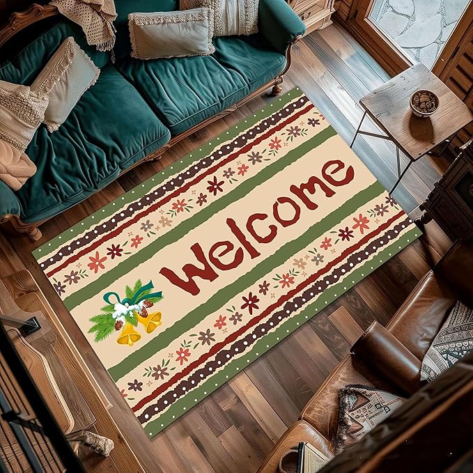 Vintage Christmas Area Rugs 6x8ft Merry Christmas Snowflakes Floral Winter Holiday Decorative Floor Mats Xmas Decorative Rugs for Living Room Bedroom Doormats Welcome Mats Non-Slip and Durable