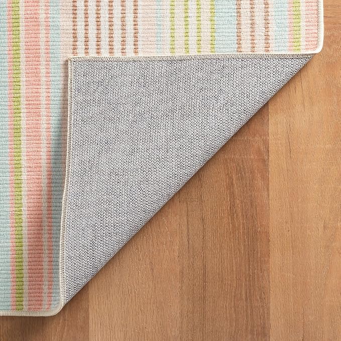 Dash & Albert Ana Ticking Aqua Machine Washable Rug, 7.5 X 9.5 Feet, Multicolored Stripe Pattern