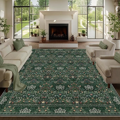 9x12 Floral Washable Area Rugs for Living Room, Vintage Boho Large Rug for Bedroom Dining Room， Distressed Botanical Birds Non Slip Low Pile Animal Throw Carpet for Farmhouse Office, Bright Green