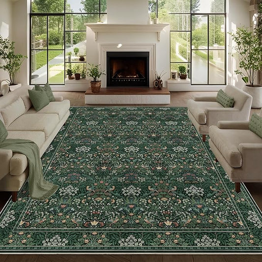 9x12 Floral Washable Area Rugs for Living Room, Vintage Boho Large Rug for Bedroom Dining Room， Distressed Botanical Birds Non Slip Low Pile Animal Throw Carpet for Farmhouse Office, Bright Green
