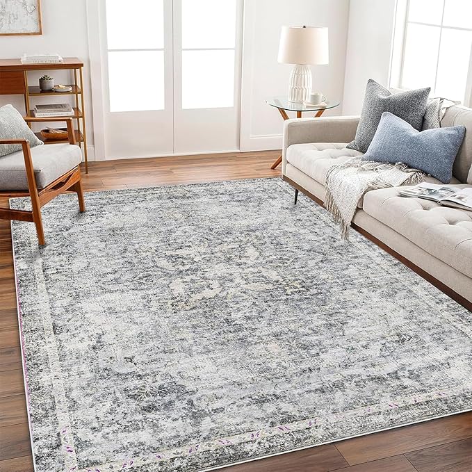 Washable Area Rug 4'x6' Vintage Traditional Floor Cover Foldable Thin Rugs Retro Kitchen Indoor Distressed Non Slip Carpet Floral Print Mat Bedroom Living Room