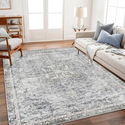 Area Rug 6'x9' Washable Vintage Traditional Floor Cover Thin Retro Kitchen Indoor Distressed Non Slip Carpet for Living Room Bedroom Dining Room