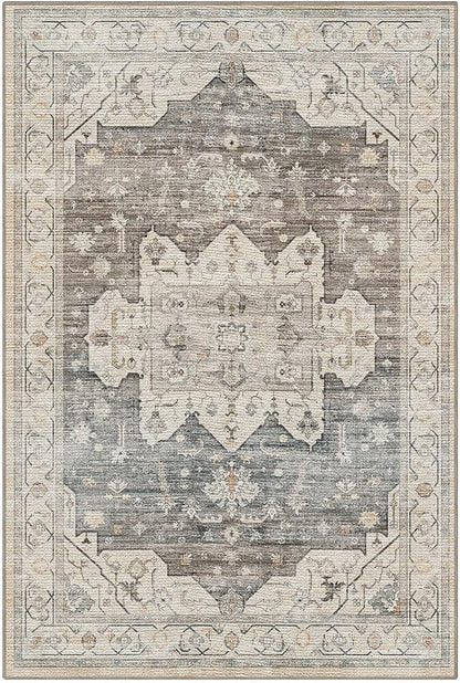 LUMI 4x6 Washable Area Rug for Living Room, Ultra Soft Vintage Rugs with TPE Non Slip Backing, Stain Resistant, Low Profile Carpet High Traffic for Bedroom, Dining Room