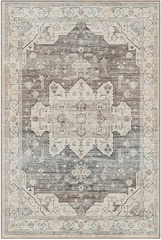 LUMI 8x10 Washable Area Rug for Living Room, Ultra Soft Vintage Rugs with TPE Non Slip Backing, Stain Resistant, Low Profile Carpet High Traffic for Bedroom, Dining Room