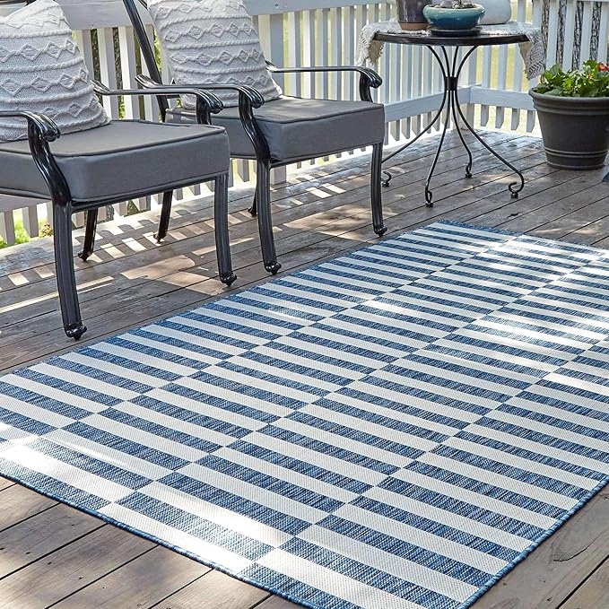 Unique Loom Outdoor Striped Collection Area Rug - Striped (6' 1" x 9' Rectangle, Blue/Ivory)