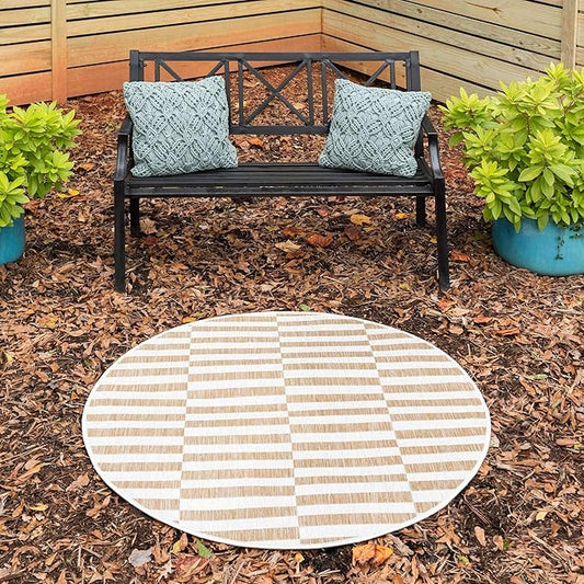 Unique Loom Outdoor Striped Collection Area Rug - Striped (4' 1" Round, Taupe/Ivory)