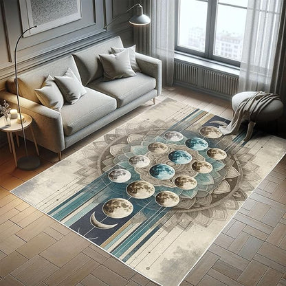 Ambesonne Lunar Art Decorative Rug, Oriental Bohemian Mandala with Moon Phase and Abstract Lines Modern, Quality Carpet for Bedroom Dorm and Living Room, 2' 2" x 3' 7", Cadet Blue and Eggshell