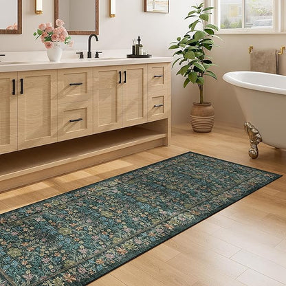 DOKINO 2x10 Runner Rug for Hallway, Vintage Washable Long Kitchen Rug with Low Pile Design, Floral Non Slip Soft Carpet Runner for Hallway, Kitchen, Bathroom, Bedroom, Blue