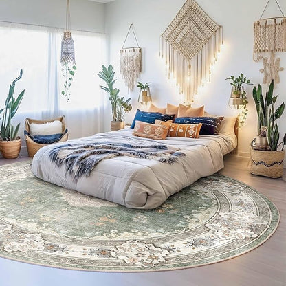 MUJOO Green Round Rug 9ft,Large Circle Washable Area Rugs for Bedroom Living Room Bathroom,Boho Non Slip Circular Carpet,Sage Floral