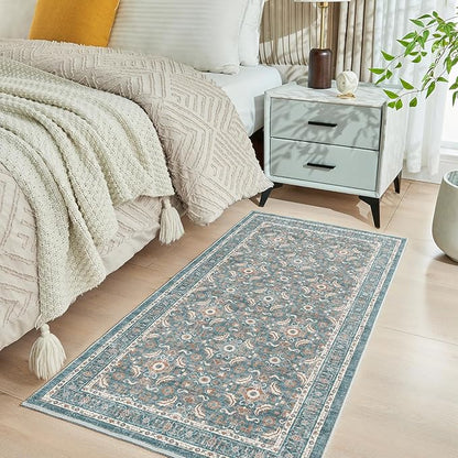 WITSHOCK Washable 2x4 Entryway Area Rug: Soft Non-Slip Backing Washable Rugs Vintage Flower Boho Accent Small Rugs for Bedroom, Kitchen, Bathroom, Nursery Entrance,Teal Blue