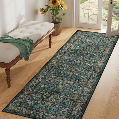 DUKINO 2x6 Runner Rug for Hallway, Washable Vintage Floral Kitchen Rug with Non Slip Backing, Soft Low Pile Throw Carpet Runner for Kitchen, Laundry, Hallway, Bathroom, Blue