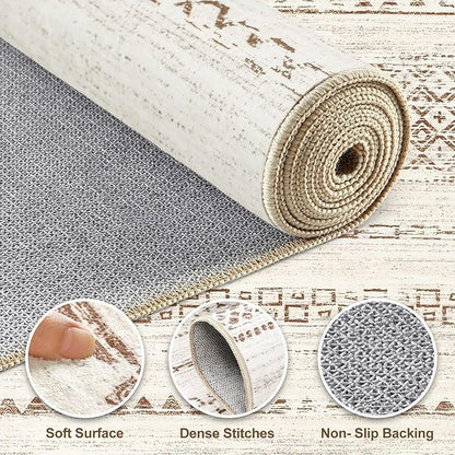 Nakagishi Area Rug Living Room Rugs: 4X6 Machine Washable Boho Large Neutral Farmhouse Stain Resistant Moroccan Indoor Floor Carpet for Bedroom Nursery Dorm Dining Room Home-Brown Tan