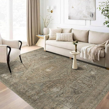 vivorug 5x7 Area Rugs - Ultra-Thin Washable Rug with Non-Slip Backing, Ideal for Living Room, Bedroom, Kitchen Floor Carpet - Vintage, Easy Clean, Durable, Olive