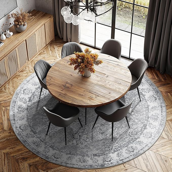 jinchan Fiora Round Rug 7ft Area Rug - Grey Vintage Floor Mat Indoor Ultra-Thin Soft Floral Print - Washable Circle 7' Retro Accent for Farmhouse Non Slip Dining Room Living Room Bedroom Office